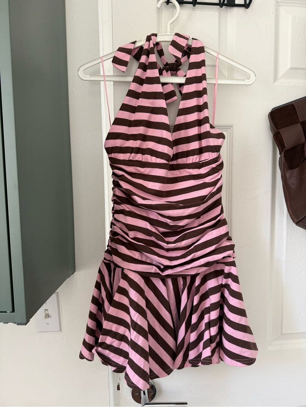 Pink and Brown Striped Halter Dress